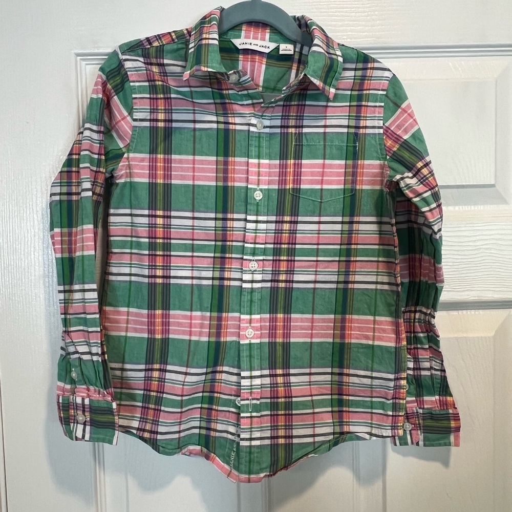 Janie & Jack green and pink long sleeve button down shirt for boys size 7